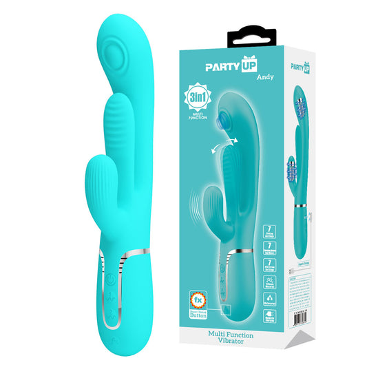 Party Up ANDY Multi Function Vibrator - Teal - Teal 22.2 cm USB Rechargeable Rabbit Vibrator with Flicking and Thumping Tip-BW-500041-1-PU