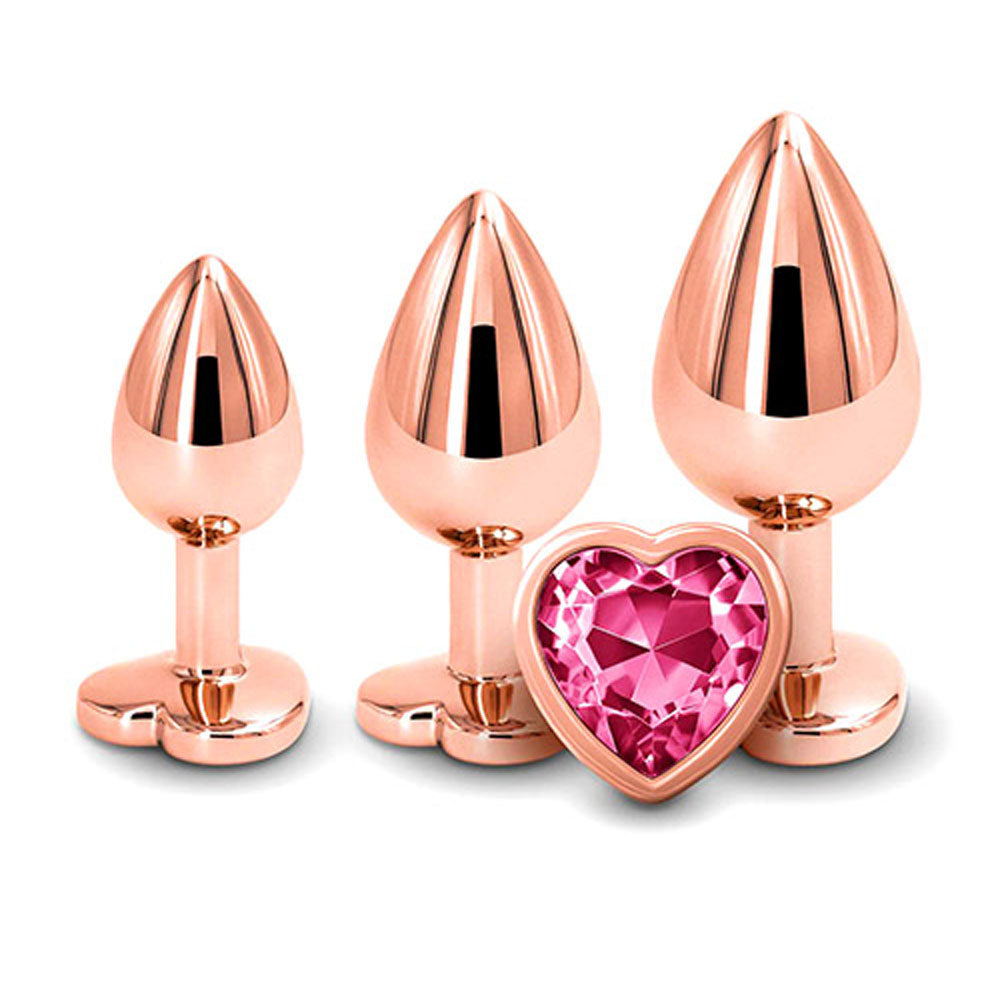 Adam & Eve ROSE GOLD HEART GEM ANAL TRAINING SET - Rose Gold Metal Anal Plugs with Pink Gem Bases - Set of 3 Sizes-I481 3100