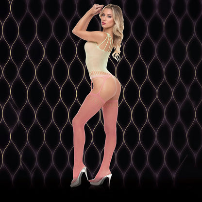 LAPDANCE Pink Mirage Suspender Bodystocking - Cream/Pink - One Size-LC135