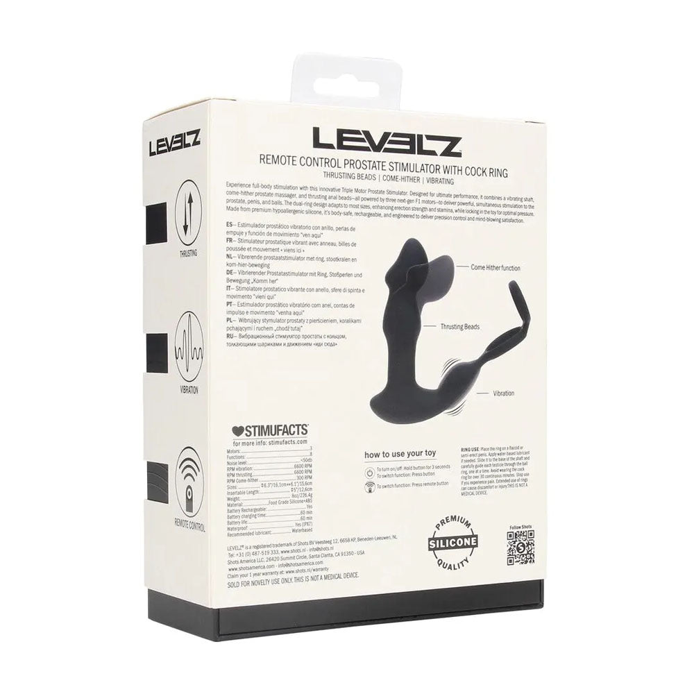 LEVELZ Remote Controlled Prostate Stimulator with Cock Ring - Black USB Rechargeable Vibrating Thrusting Prostate Massager with Cock Ring-LVL03-0042BLK