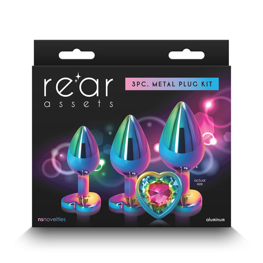 Rear Assets Trainer Kit - Multicolour - Rainbow Heart - Multi Coloured Metallic Butt Plugs with Rainbow Hearts - Set of 3 Sizes-NSN-0960-02