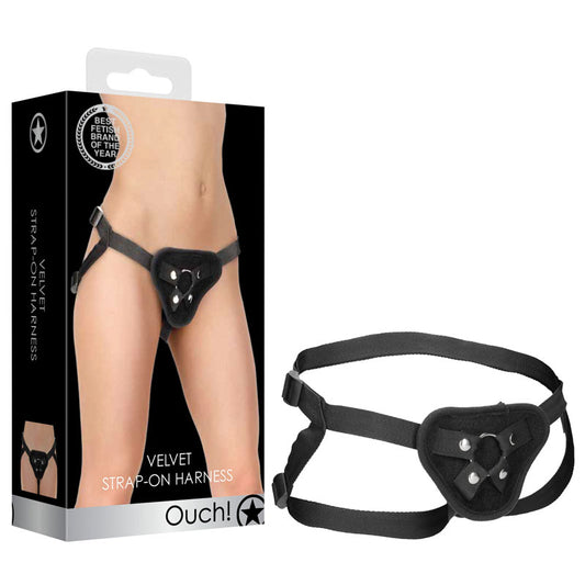 OUCH! Velvet & Velcro Adjustable Harness with O-Ring - Black Strap-On Harness (No Probe Included)-OU525BLK