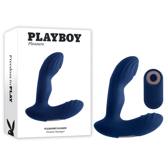 Playboy Pleasure PLEASURE PLEASER - Blue USB Rechargeable Vibrating Prostate Massager with Wireless Remote - PB-RS-2338-2