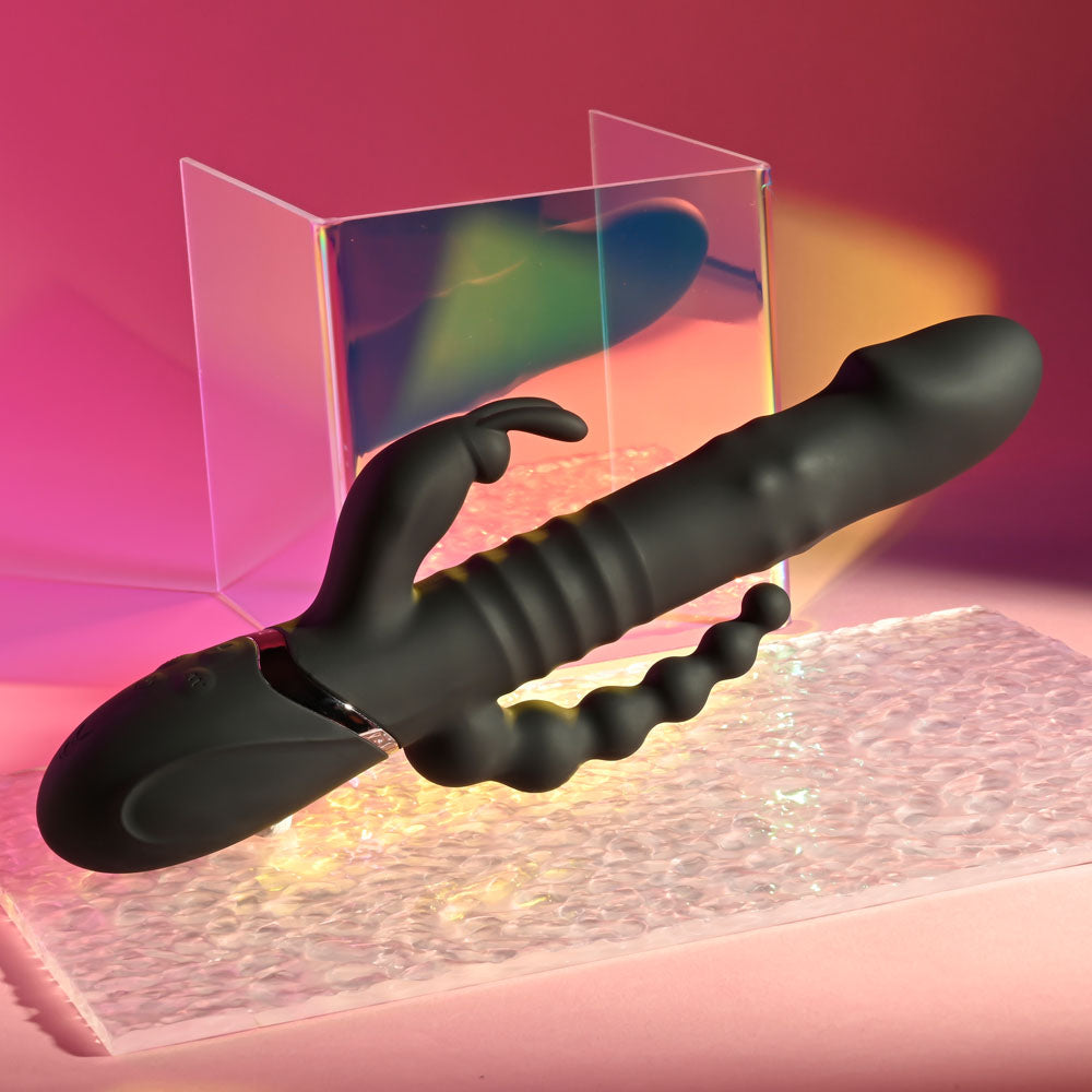 Playboy Pleasure BIG BUNNY ENERGY - Black 26.2 cm USB Rechargeable Rabbit Vibrator with Anal Beads - PB-RS-3618-2