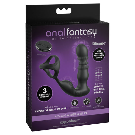 Anal Fantasy Elite Ass-Gasm Slide & Glide - Black USB Rechargeable Prostate Massage with Cock Ring-PD4795-23