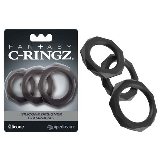 Fantasy C-Ringz Silicone Designer Stamina Set - Black Cock Rings - Set of 3 Sizes-PD5967-23