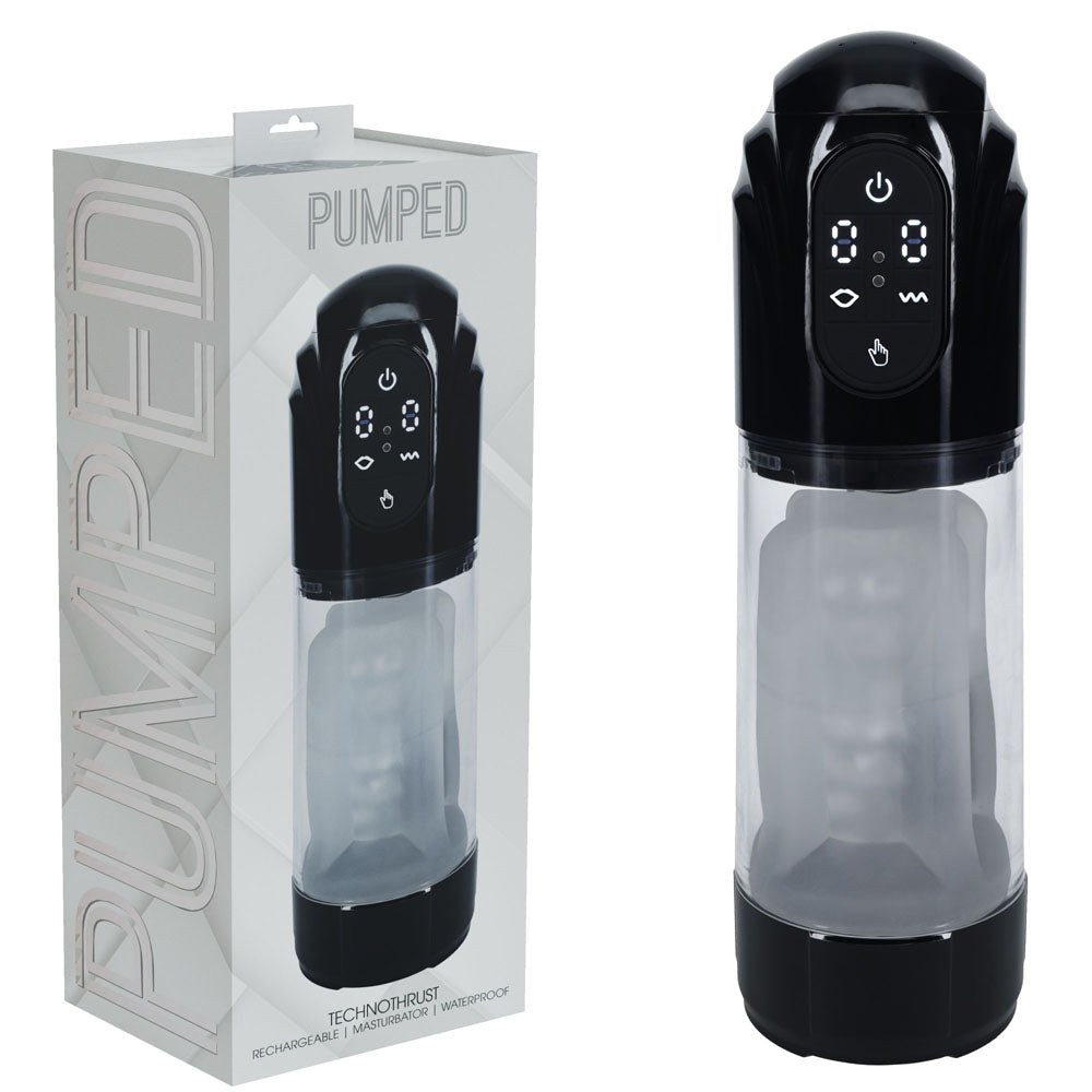 PUMPED TechnoThrust Auto Masturbator - Black/Clear USB Rechargeable Auto Maturbator-PMP061BLK