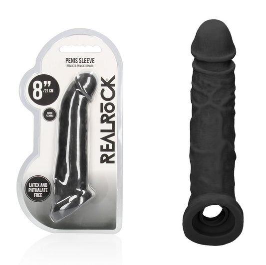 REALROCK 8 Realistic Penis Extender with Rings - Black - Black 20.3 cm Penis Extension Sleeve - REA106BLK