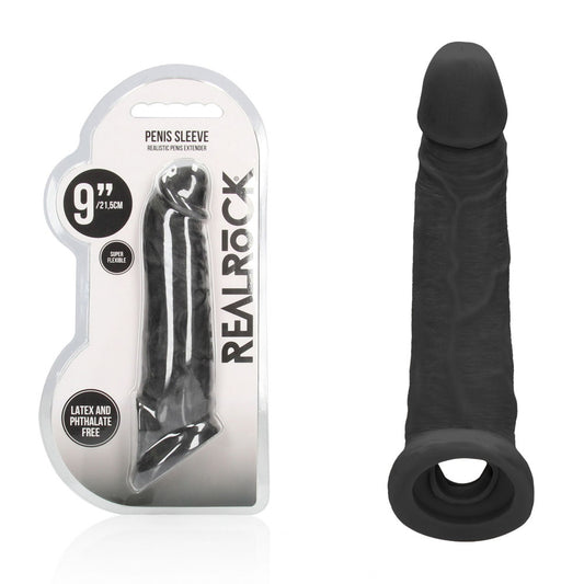REALROCK 9 Realistic Penis Extender with Rings - Black - Black 22.9 cm Penis Extension Sleeve - REA107BLK