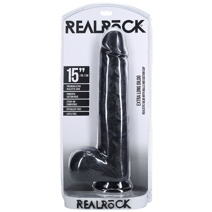 REALROCK 38cm Extra Long Dildo with Balls - Black - Black 38 cm (15) Extra Long Dong - REA165BLK