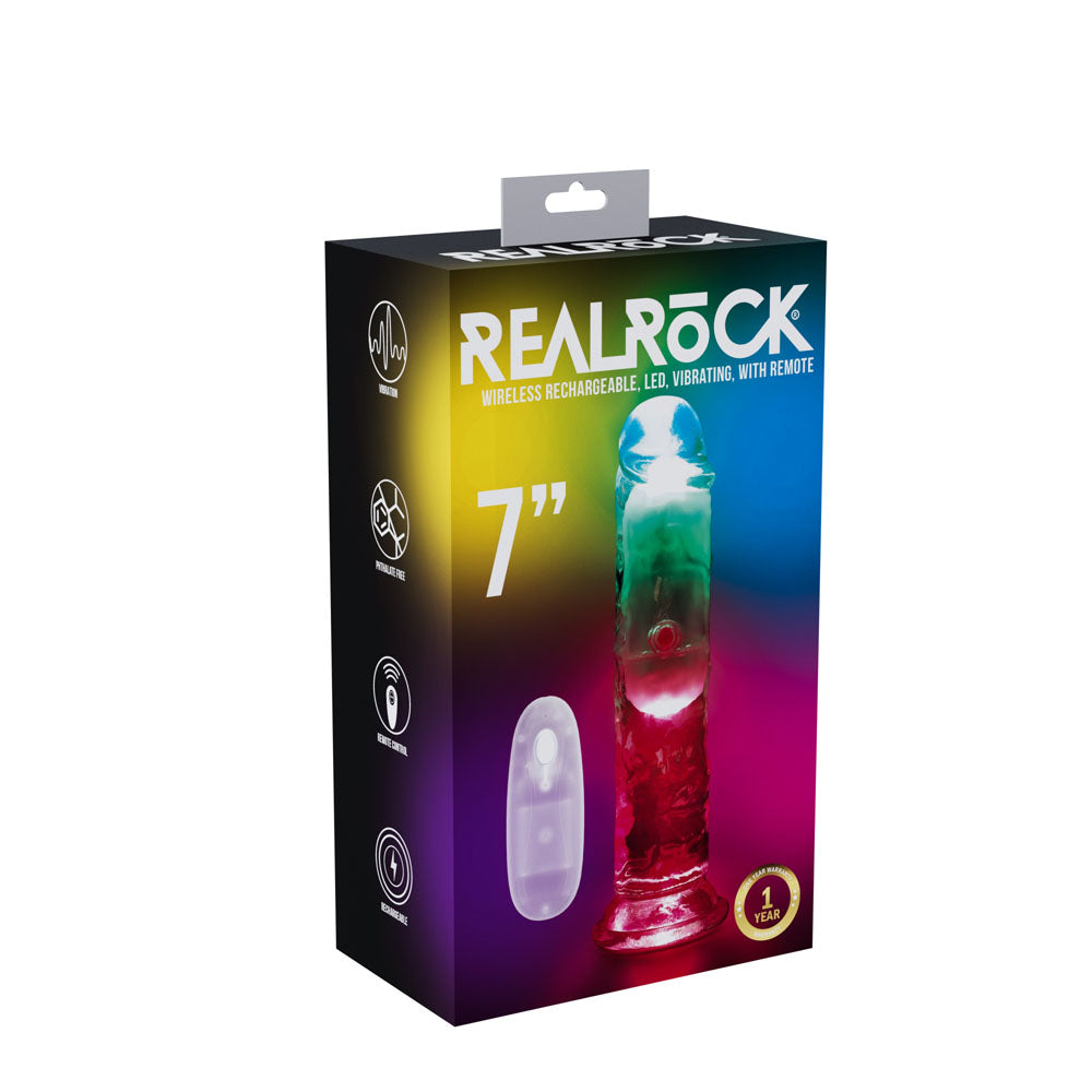 REALROCK 7 No Balls Wireless Rechargeable LED Vibrating Dong - Clear with LED 20 cm USB Rechargeable Vibrating Dong with Remote-REA204TRA