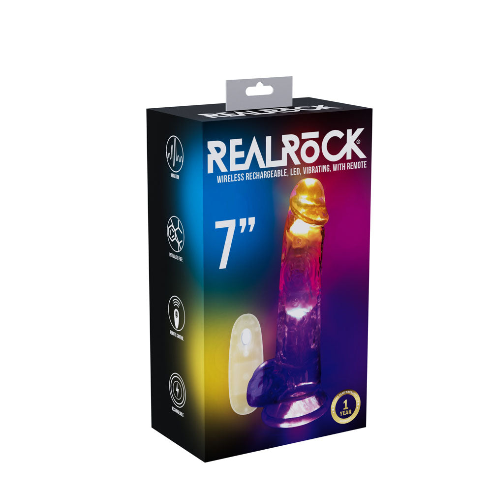 REALROCK 7 with Balls Wireless Rechargeable LED Vibrating Dong - Clear with LED 19.5 cm USB Rechargeable Vibrating Dong with Remote-REA205TRA