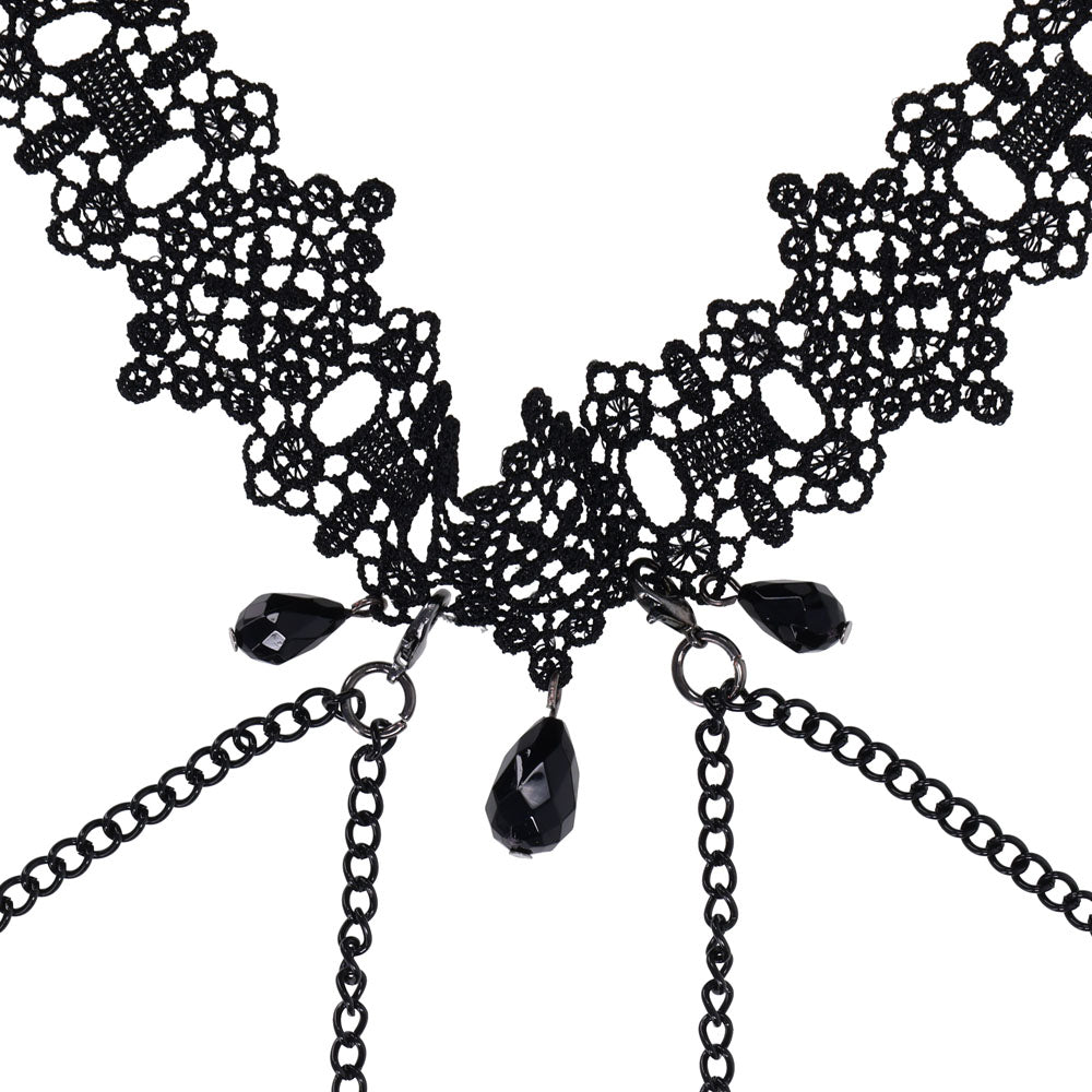 Sex & Mischief Lace Collar with Nipple Ties - Black Neck and Nipple Restraints-SS10104