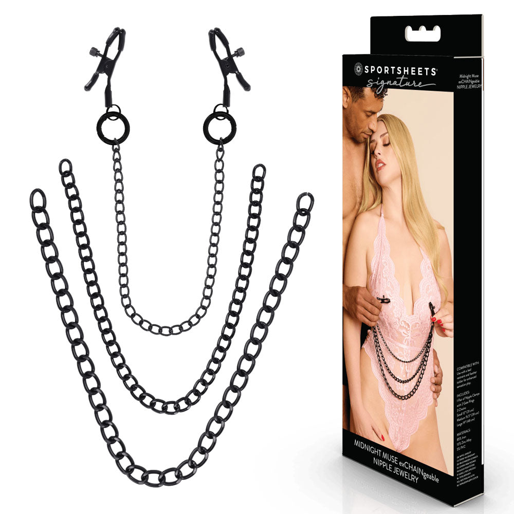 SPORTSHEETS Signature Midnight Muse exCHAINgeable Nipple Jewelry - Black Nipple Clamps with Chain - SS68108