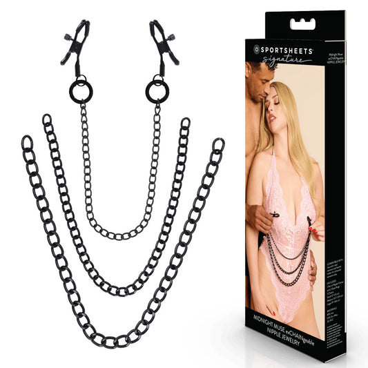 SPORTSHEETS Signature Midnight Muse exCHAINgeable Nipple Jewelry - Black Nipple Clamps with Chain - SS68108