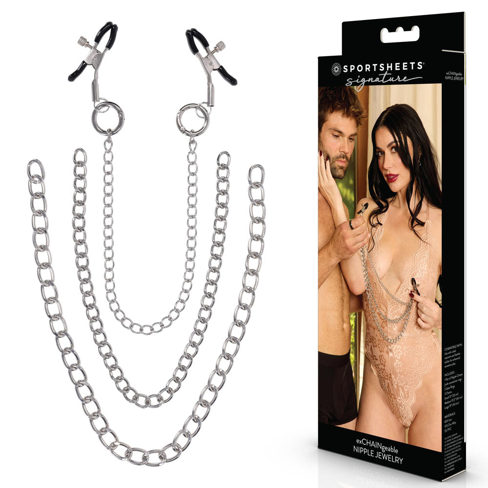 SPORTSHEETS Signature exCHAINgeable Nipple Jewelry - Silver Nipple Clamps with Chain - SS68119