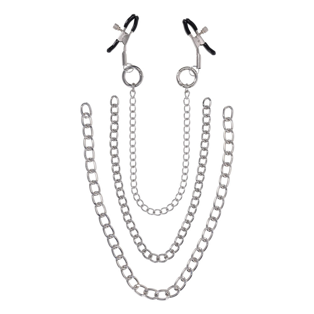 SPORTSHEETS Signature exCHAINgeable Nipple Jewelry - Silver Nipple Clamps with Chain - SS68119