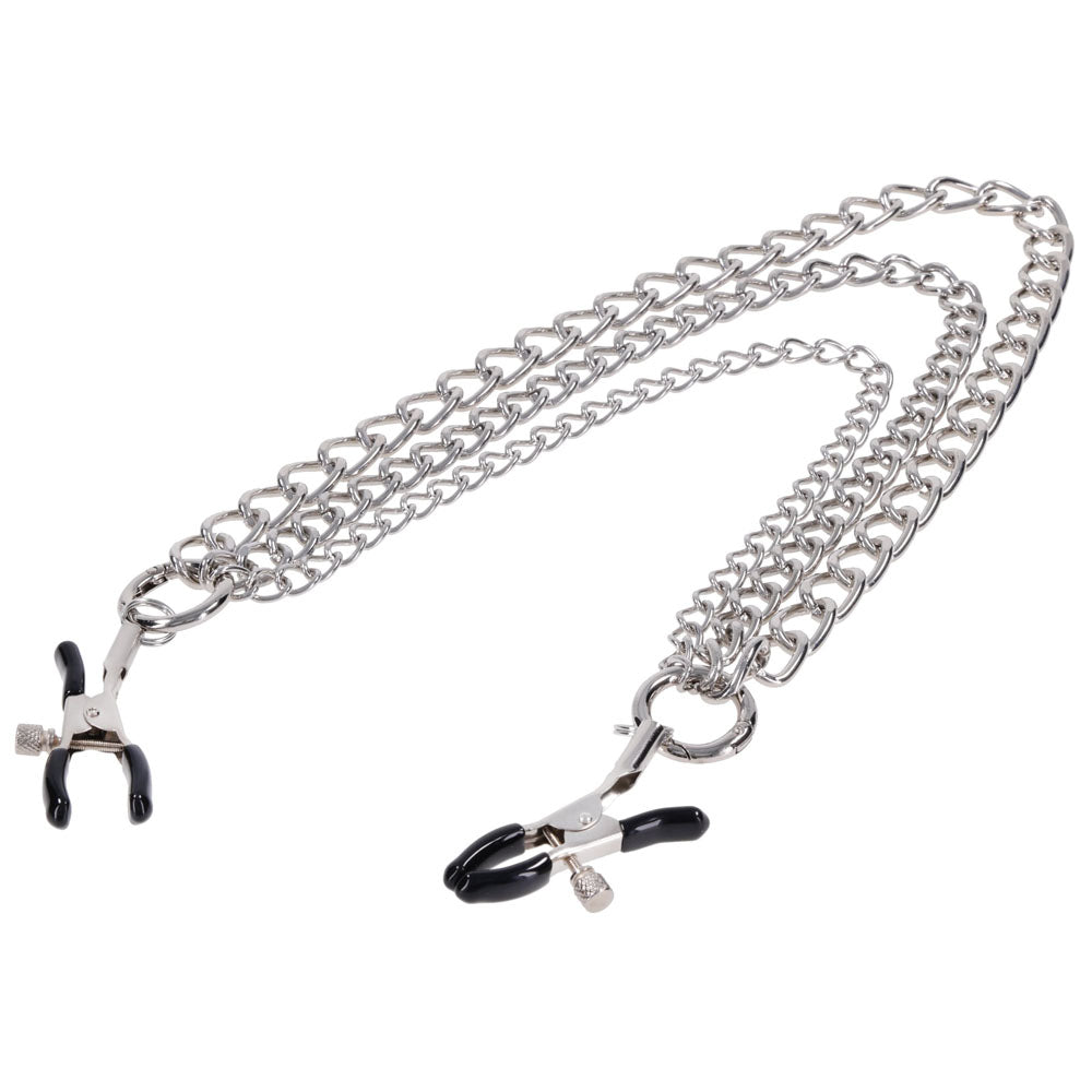 SPORTSHEETS Signature exCHAINgeable Nipple Jewelry - Silver Nipple Clamps with Chain - SS68119