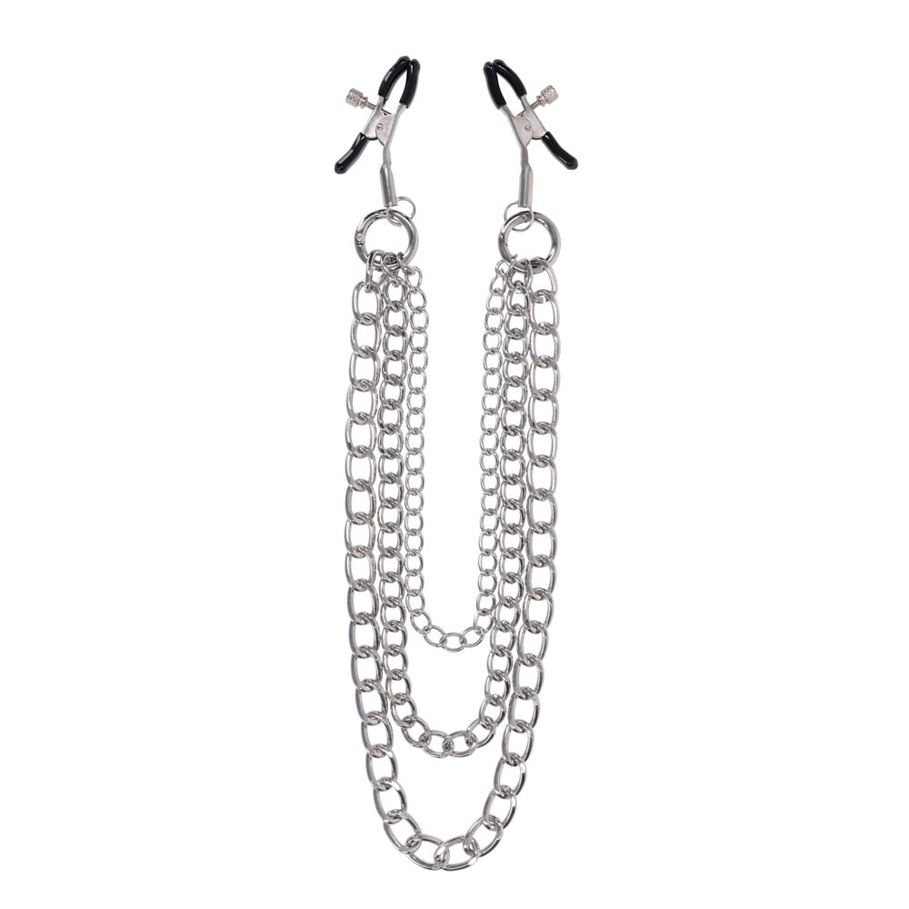 SPORTSHEETS Signature exCHAINgeable Nipple Jewelry - Silver Nipple Clamps with Chain - SS68119
